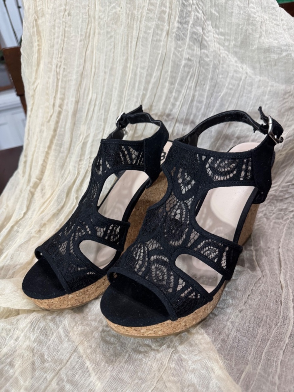Black Lace Cork Wedge Sandals | Open Toe Ankle Strap Heels